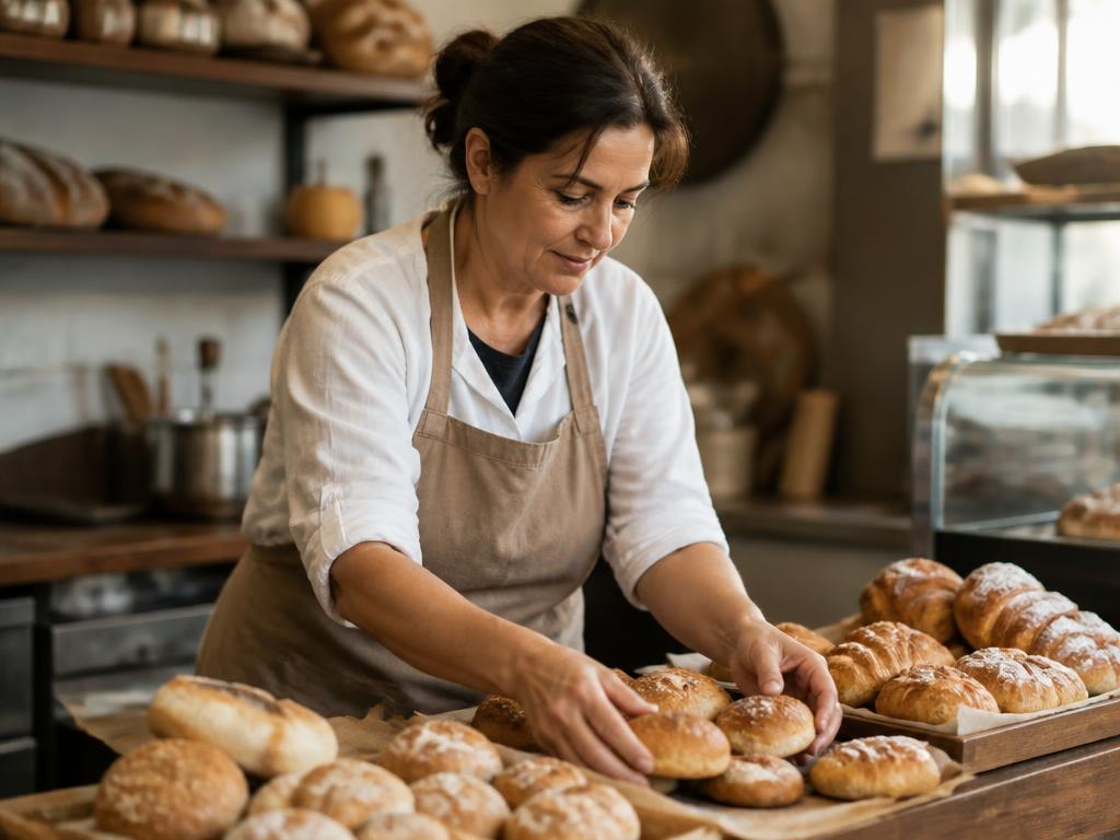A baker arranging fresh bread and pastries on trays
