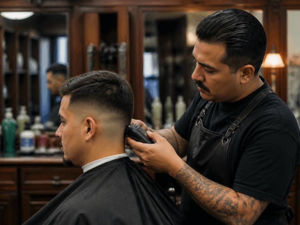 A barber shaping a client's haircut with clippers in a barbershop
