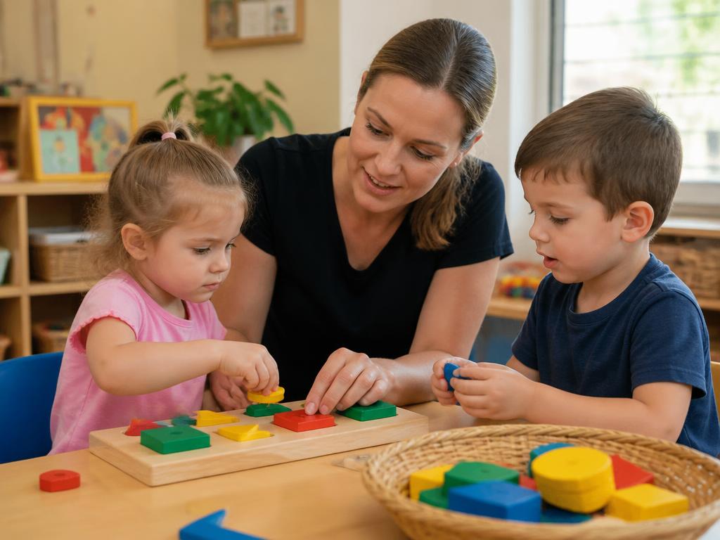 A childcare teacher guiding two young children through a shape activity