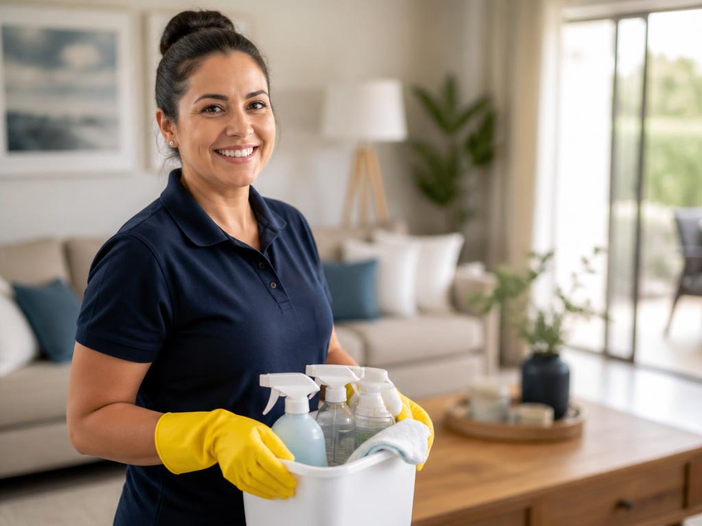 A professional cleaner holding a caddy of supplies in a tidy home