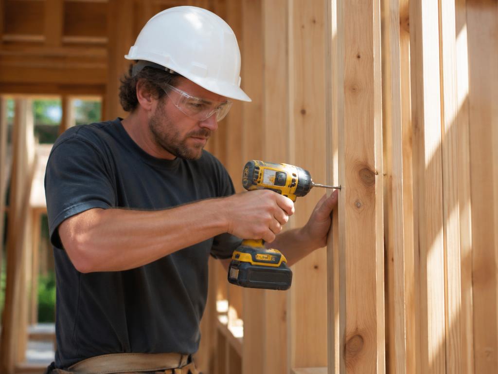 A tradesperson in a hard hat drilling into wood framing on a job site
