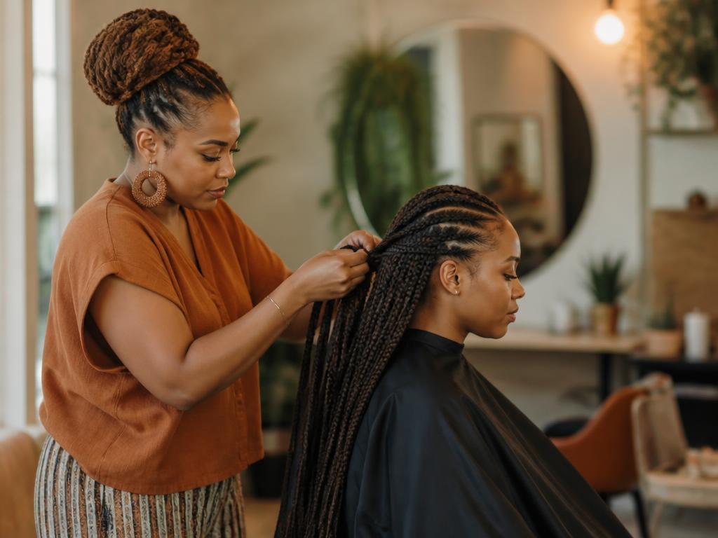 A stylist braiding a seated client's hair in a warm salon
