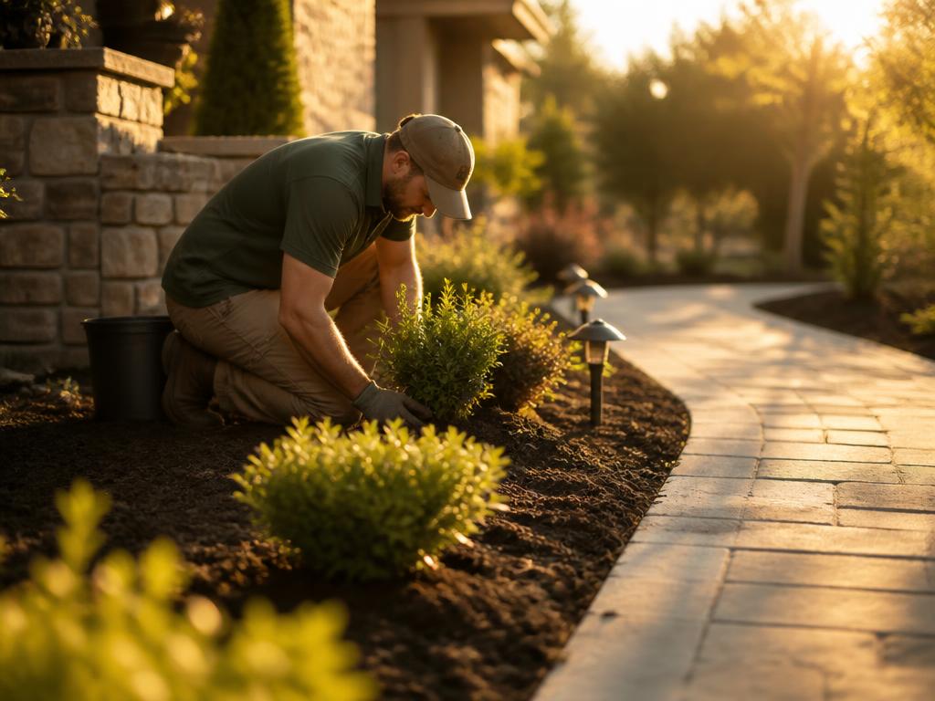 A landscaper planting shrubs along a finished stone walkway