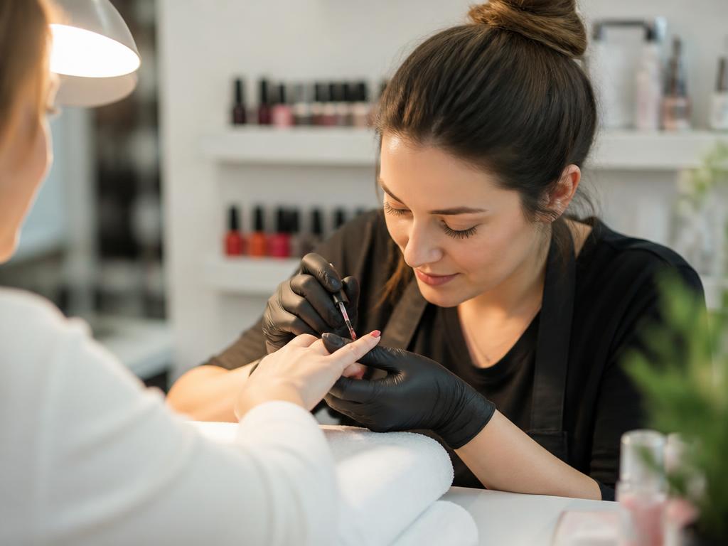 A nail technician painting a client's nails at a salon station