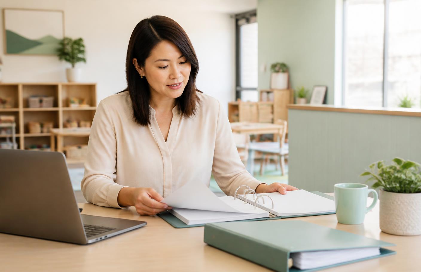 A childcare program director reviewing enrollment and policy binders at a desk