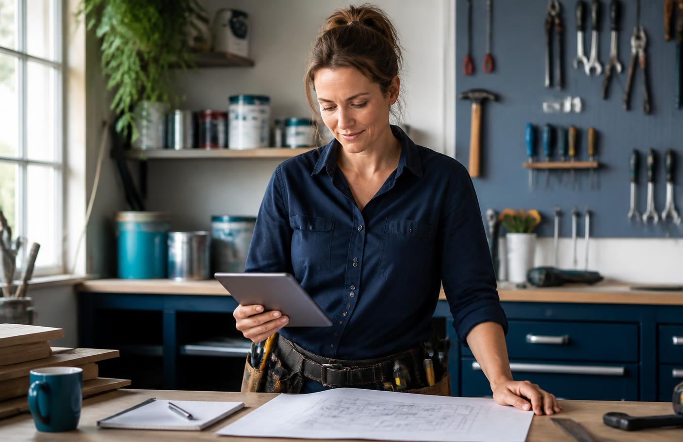 A trade business owner reviewing an estimate on a tablet at a clean workbench