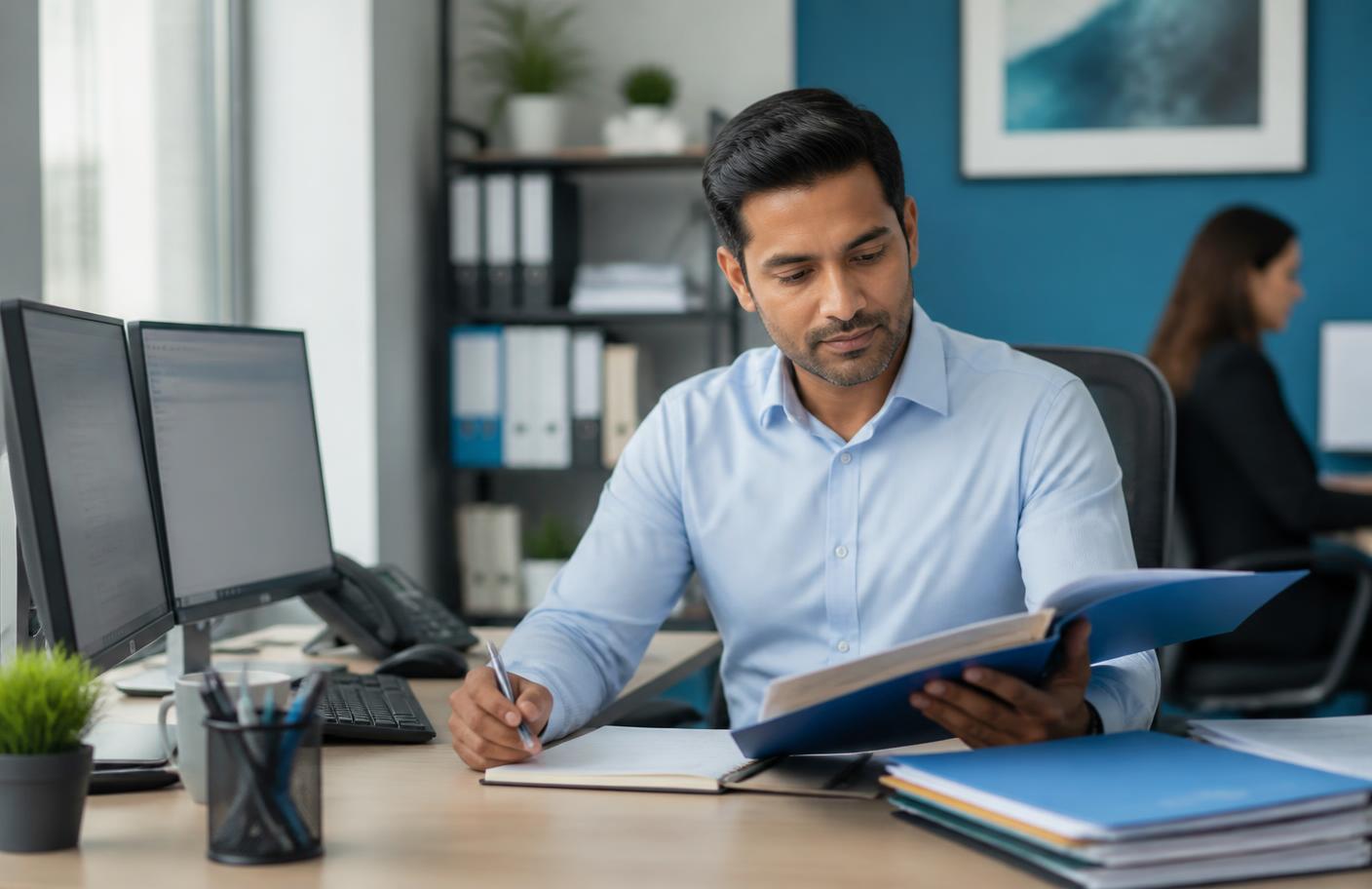 A staffing agency owner coordinating placement files at a professional desk