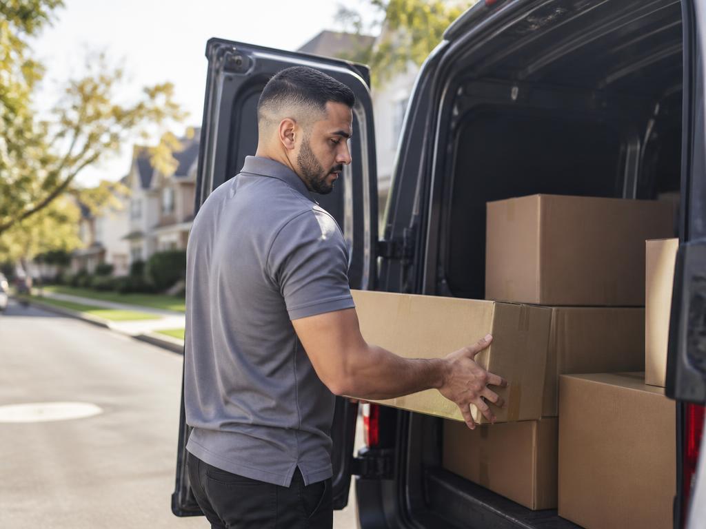 A driver loading boxes into a cargo van on a neighborhood street