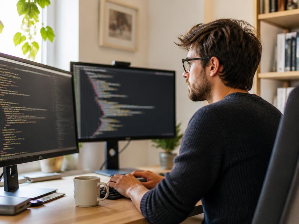 A developer working at a two-monitor desk in a home office